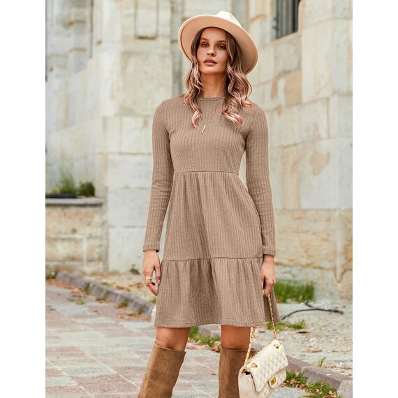 Zeagoo Damen Kleider Langarm Rundhals Herbstkleid mit Taschen Elegant Knielang Kleid Winter Frühling Khaki L