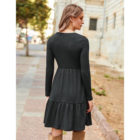 Zeagoo Damen Kleider Langarm Rundhals Herbstkleid mit Taschen Elegant Knielang Kleid Winter Frühling Grau M