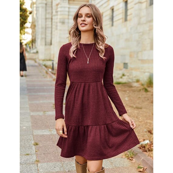 Zeagoo Damen Kleider Langarm Rundhals Herbstkleid mit Taschen Elegant Knielang Kleid Winter Frühling Weinrot S
