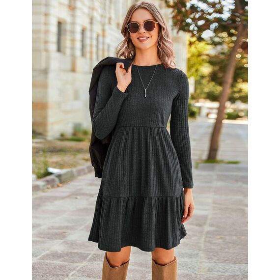 Zeagoo Damen Kleider Langarm Rundhals Herbstkleid mit Taschen Elegant Knielang Kleid Winter Frühling Grau L