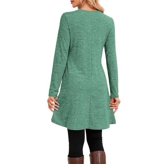 NARRAME Winter-Pullover-Kleider für Damen, Midi-Langarm, kausale Knöpfe, seitliches Tunika-Kleid mit Taschen, Mittelgrün