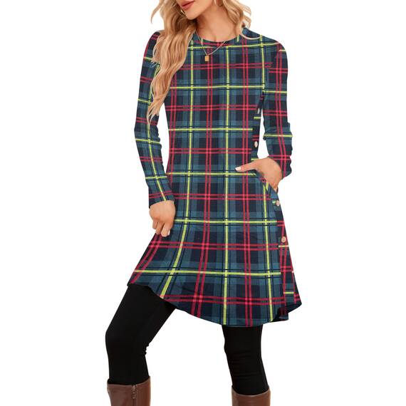 NARRAME Pullover-Kleider für Damen, Winter, langärmelig, Kausale Knöpfe, seitliches Pulloverkleid mit Taschen, XX-Large, Grün Schwarz-Kariert