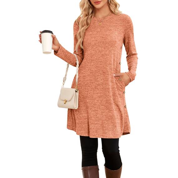 NARRAME Winter-Pullover-Kleider für Damen, Midi-Langarm, Kausale Knöpfe, seitliches Tunika-Kleid mit Taschen, MittelKaramell
