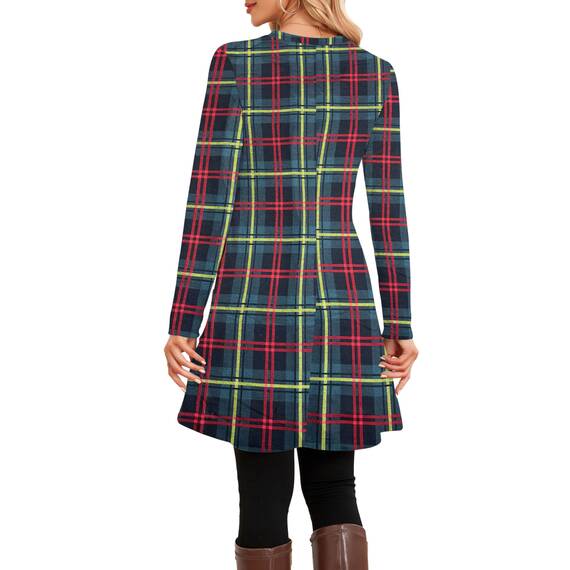 NARRAME Party-Pullover-Kleider für Damen, Frühling, Herbst, lässiges, seitliches Langarmkleid mit Knöpfen und Taschen, X-Large, Grün Schwarz-Kariert