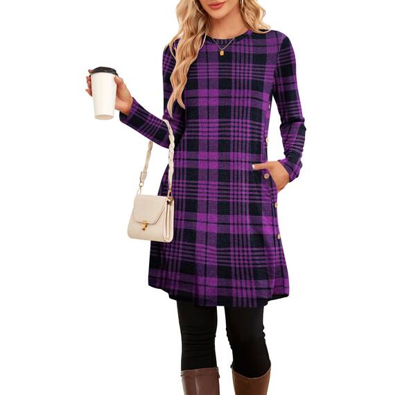 NARRAME Pulloverkleid für Damen, Frühling, Herbst, Lange Ärmel, lässige Knöpfe, seitliche Damenkleider mit Taschen, groß, Karo Lila Schwarz
