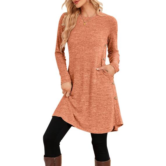 NARRAME Pulloverkleid für Damen, Frühling, Herbst, Lange Ärmel, lässige Knöpfe, seitliche Damenkleider mit Taschen, groß, Karamell
