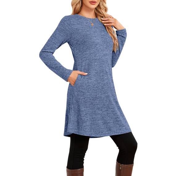 NARRAME Winter-Pullover-Kleider für Damen, Midi-Langarm, Kausale Knöpfe, seitliches Tunika-Kleid mit Taschen, MittelMarineblau