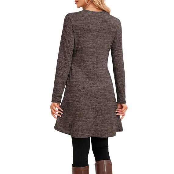 NARRAME Pullover-Kleider für Damen, Winter, langärmelig, Kausale Knöpfe, seitliches Pulloverkleid mit Taschen, XX-Large, Einfarbig Braun