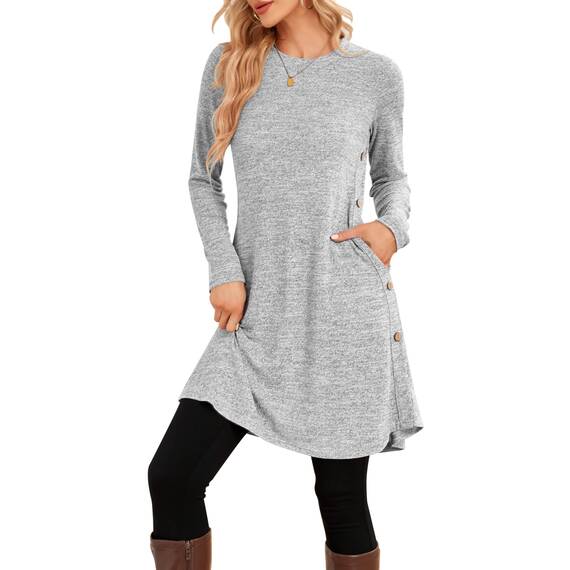 NARRAME Damen-Pullover-Kleider, Winter, langärmelig, lässig, Knöpfe, Seitenkleider für Damen, elegant, mit Taschen, klein, Hellgrau