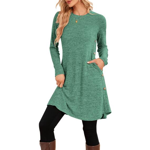 NARRAME Pullover-Kleider für Damen, Winter, langärmelig, Kausale Knöpfe, seitliches Pulloverkleid mit Taschen, XX-Large, Grün