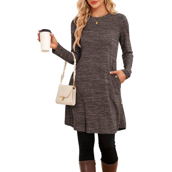 NARRAME Pulloverkleid für Damen, Frühling, Herbst, Lange Ärmel, lässige Knöpfe, seitliche Damenkleider mit Taschen, groß, Einfarbig Braun