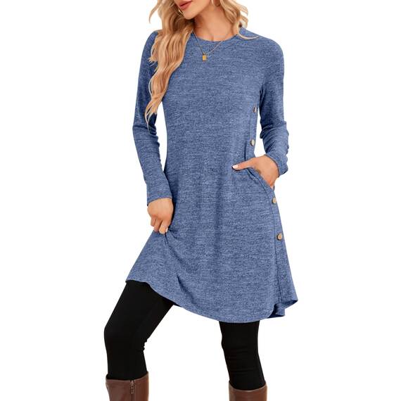 NARRAME Winter-Pullover-Kleider für Damen, Midi-Langarm, Kausale Knöpfe, seitliches Tunika-Kleid mit Taschen, MittelMarineblau