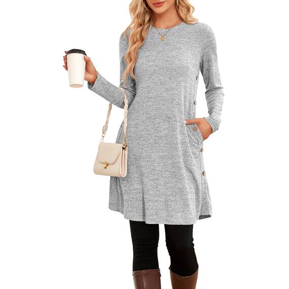 NARRAME Pulloverkleid für Damen, Frühling, Herbst, Lange Ärmel, lässige Knöpfe, seitliche Damenkleider mit Taschen, groß, Hellgrau