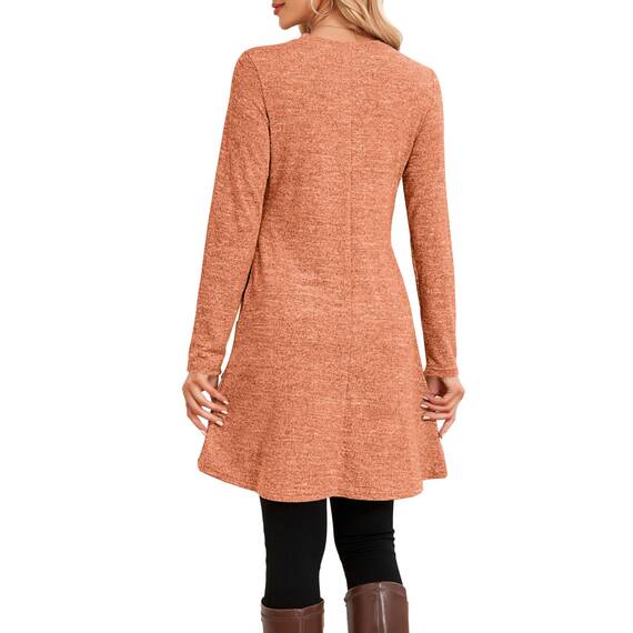 NARRAME Winter-Pullover-Kleider für Damen, Midi-Langarm, Kausale Knöpfe, seitliches Tunika-Kleid mit Taschen, MittelKaramell