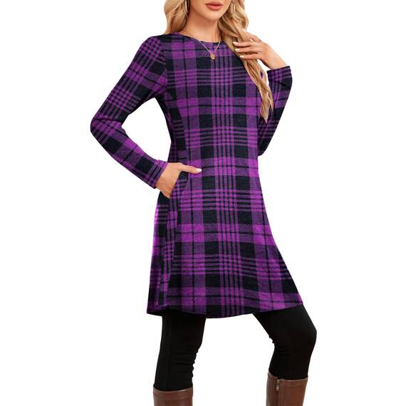 NARRAME Pulloverkleid für Damen, Frühling, Herbst, Lange Ärmel, lässige Knöpfe, seitliche Damenkleider mit Taschen, groß, Karo Lila Schwarz
