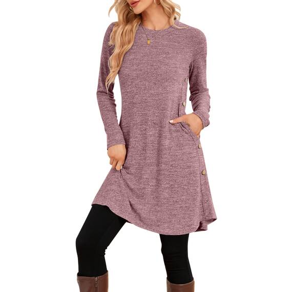 NARRAME Pullover-Kleider für Damen, Winter, langärmelig, Kausale Knöpfe, seitliches Pulloverkleid mit Taschen, XX-Large, Altrosa