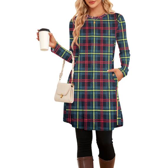 NARRAME Party-Pullover-Kleider für Damen, Frühling, Herbst, lässiges, seitliches Langarmkleid mit Knöpfen und Taschen, X-Large, Grün Schwarz-Kariert