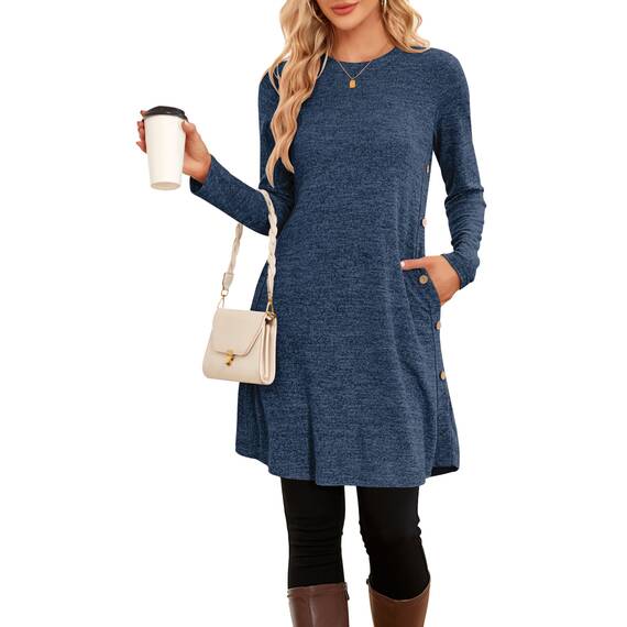 NARRAME Damen-Pullover-Kleider, Winter, langärmelig, Kausale Knöpfe, seitliche Kleider für Damen, elegant, mit Taschen, klein, Einfarbig Dunkelblau