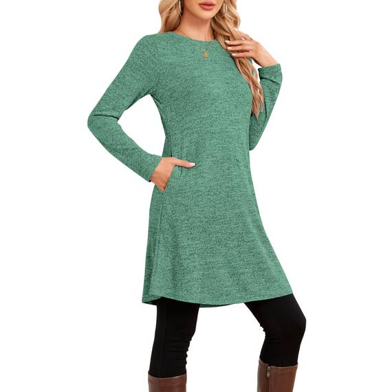 NARRAME Party-Pullover-Kleider für Damen, Frühling, Herbst, lässiges, seitliches Langarmkleid mit Knöpfen und Taschen, X-Large, Grün
