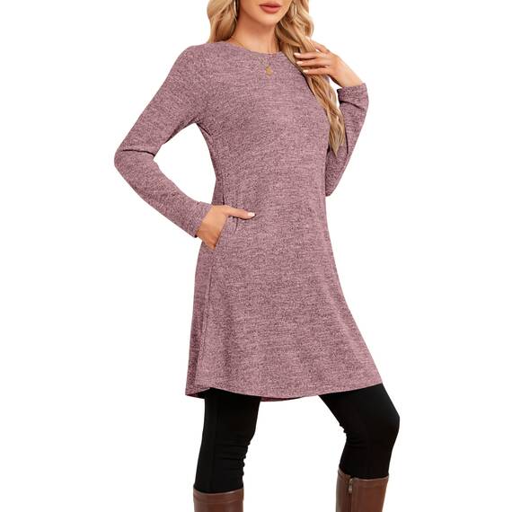 NARRAME Pulloverkleid für Damen, Frühling, Herbst, Lange Ärmel, lässige Knöpfe, seitliche Damenkleider mit Taschen, groß, Altrosa