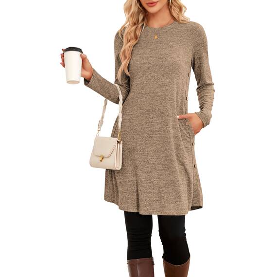 NARRAME Damen-Pullover-Kleider, Winter, langärmelig, Kausale Knöpfe, seitliche Kleider für Damen, elegant, mit kleinen Taschen, Kaffeebraun