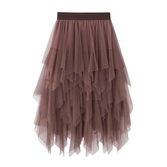Damen Rock Tüll Unregelmäßig Unterrock Lagenrock Ballett Tutu Abschlussball Party Faltenkleid A-Linie Midirock High Waisted Rock (Braun, Einheitsgröße)