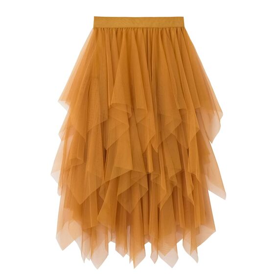 Damen Rock Tüll Unregelmäßig Unterrock Lagenrock Ballett Tutu Abschlussball Party Faltenkleid A-Linie Midirock High Waisted Rock (Ingwer Gelb, Einheitsgröße)