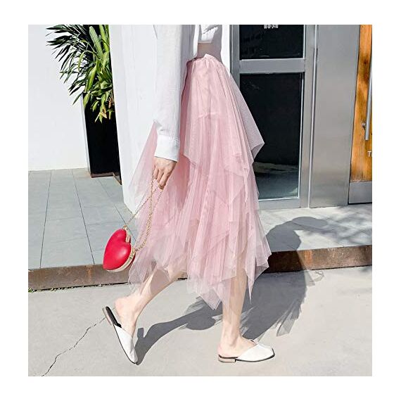 Damen Rock Tüll Unregelmäßig Unterrock Lagenrock Ballett Tutu Abschlussball Party Faltenkleid A-Linie Midirock High Waisted Rock (Rosa, Einheitsgröße)