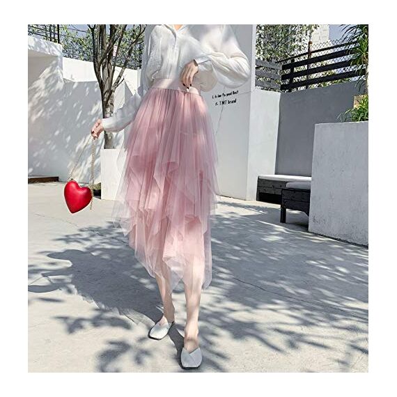 Damen Rock Tüll Unregelmäßig Unterrock Lagenrock Ballett Tutu Abschlussball Party Faltenkleid A-Linie Midirock High Waisted Rock (Rosa, Einheitsgröße)