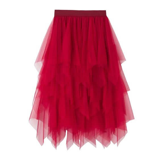Damen Rock Tüll Unregelmäßig Unterrock Lagenrock Ballett Tutu Abschlussball Party Faltenkleid A-Linie Midirock High Waisted Rock (Rot, Einheitsgröße)