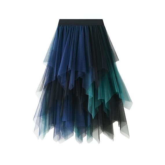 Damen Rock Tüll Unregelmäßig Unterrock Lagenrock Ballett Tutu Abschlussball Party Faltenkleid A-Linie Midirock High Waisted Rock (Grün Blau, Einheitsgröße)