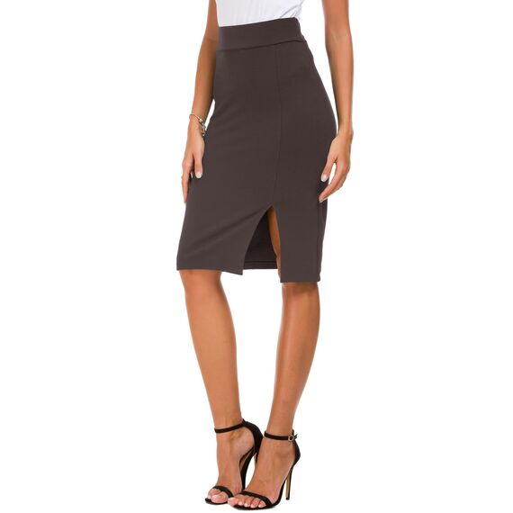 Damen Business Solide Hohe Taille Bleistiftrock Seitenschlitz Dehnbar Bodycon Midirock Knielang (XS, Braun)