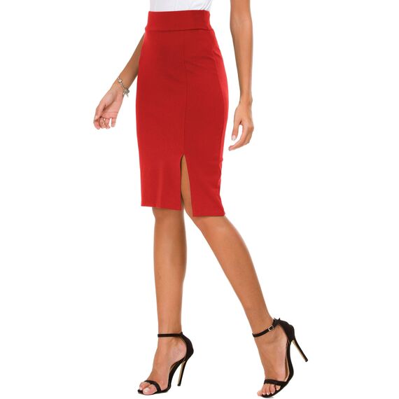 Damen Business Solide Hohe Taille Bleistiftrock Seitenschlitz Dehnbar Bodycon Midirock Knielang (M, Rot)