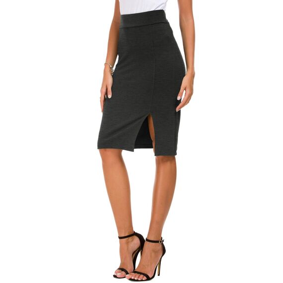 Damen Business Solide Hohe Taille Bleistiftrock Seitenschlitz Dehnbar Bodycon Midirock Knielang (L, Dunkelgrau)