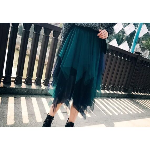 Damen Rock Tüll Unregelmäßig Unterrock Lagenrock Ballett Tutu Abschlussball Party Faltenkleid A-Linie Midirock High Waisted Rock (Grün Blau, Einheitsgröße)