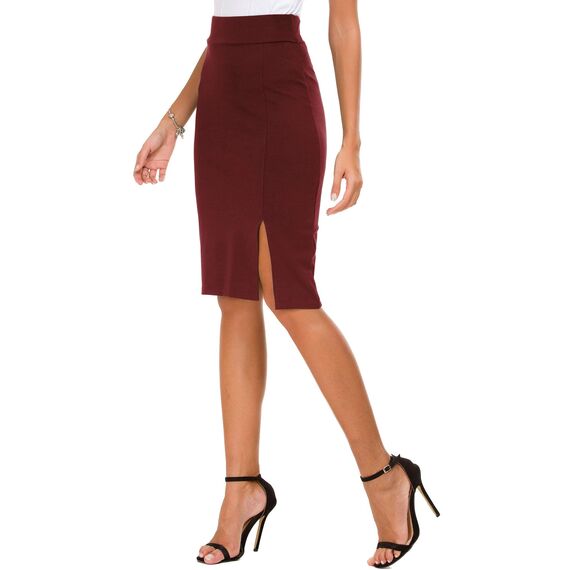 Damen Business Solide Hohe Taille Bleistiftrock Seitenschlitz Dehnbar Bodycon Midirock Knielang (S, Weinrot)