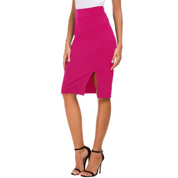 Damen Business Solide Hohe Taille Bleistiftrock Seitenschlitz Dehnbar Bodycon Midirock Knielang (S, Rose Rot)