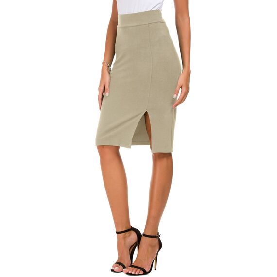 Damen Business Solide Hohe Taille Bleistiftrock Seitenschlitz Dehnbar Bodycon Midirock Knielang (S, Kamel)