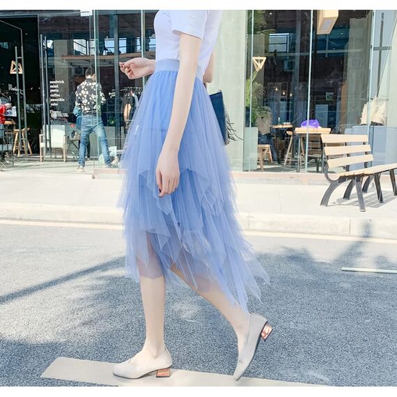 Damen Rock Tüll Unregelmäßig Unterrock Lagenrock Ballett Tutu Abschlussball Party Faltenkleid A-Linie Midirock High Waisted Rock (Blau, Einheitsgröße)