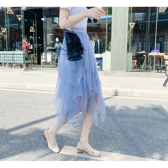 Damen Rock Tüll Unregelmäßig Unterrock Lagenrock Ballett Tutu Abschlussball Party Faltenkleid A-Linie Midirock High Waisted Rock (Blau, Einheitsgröße)