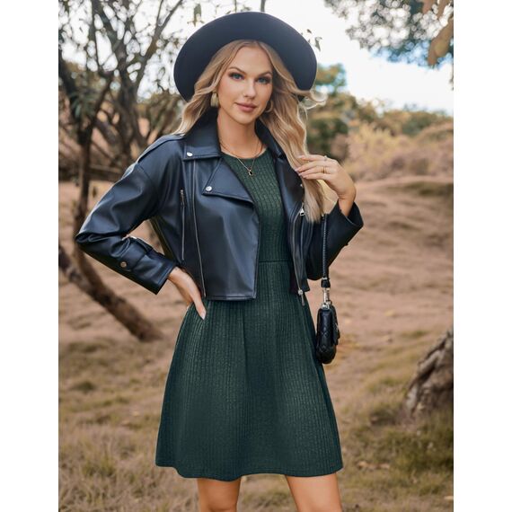 Hotouch Winterkleid Damen Langarm Kleid Knielang Strickkleid Rundhals Weihnachtskleid A-Linie Winterkleid Herbst Kleider Knielang Blusenkleid mit Taschen Grün M