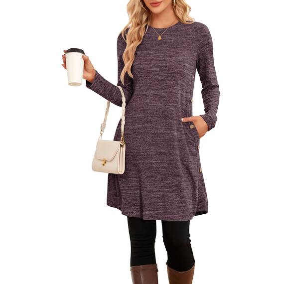 NARRAME Party-Pullover-Kleider für Damen, Frühling, Herbst, lässiges, seitliches Langarmkleid mit Knöpfen und Taschen, X-Large, Einfarbig Lila