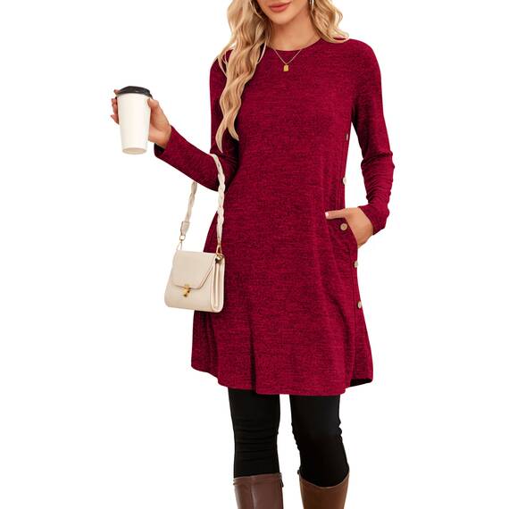 NARRAME Pulloverkleid für Damen, Frühling, Herbst, Lange Ärmel, lässige Knöpfe, seitliche Damenkleider mit Taschen, groß, Dunkelrot