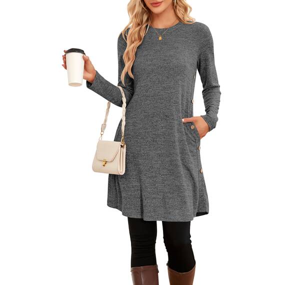 NARRAME Damen-Pullover-Kleider, Winter, langärmelig, lässig, Knöpfe, Seitenkleider für Damen, elegant, mit Taschen, klein, Dunkelgrau