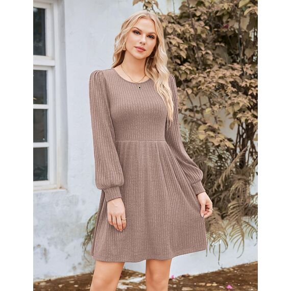 Hotouch Winterkleid Damen Langarm Kleid Knielang Strickkleid Rundhals Weihnachtskleid A-Linie Winterkleid Herbst Kleider Knielang Blusenkleid mit Taschen Khaki M