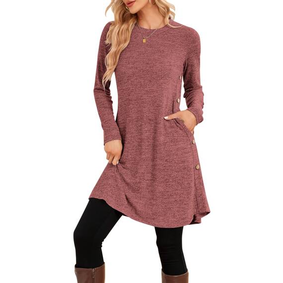 NARRAME Party-Pullover-Kleider für Damen, Frühling, Herbst, lässiges, seitliches Langarmkleid mit Knöpfen und Taschen, X-Large, Rot