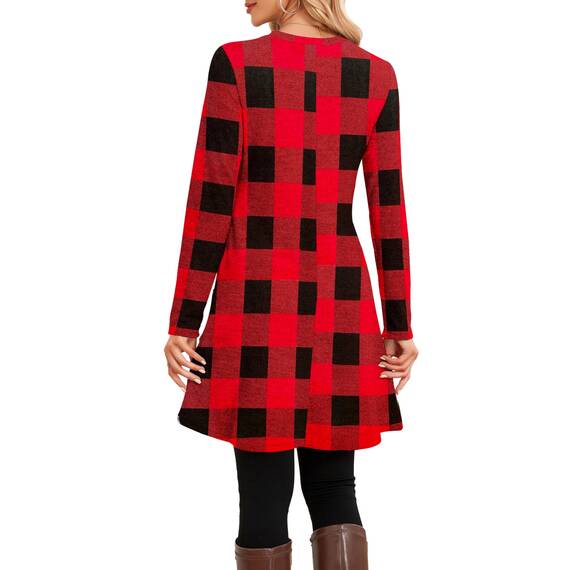 NARRAME Party-Pullover-Kleider für Damen, Frühling, Herbst, lässige Knöpfe, seitliches Langarmkleid mit Taschen, XL, Rot, Schwarz, kariert