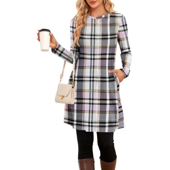 NARRAME Damen-Pullover-Kleider, Winter, langärmelig, Kausale Knöpfe, seitliche Kleider für Damen, elegant, mit Taschen, klein, Karo Rosa Gelb
