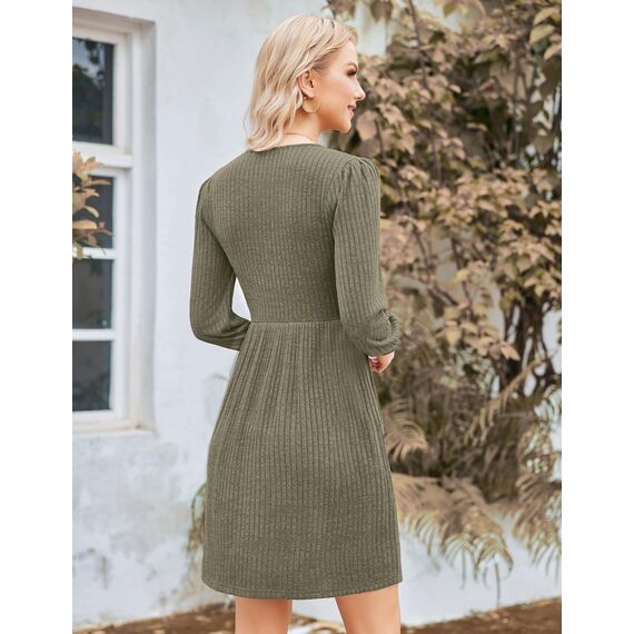 Hotouch Damen Kleider Winter Strickkleid Langarm Kleid Puff Leicht Winterkleid Rundhals Herbstkleid Knielang Weihnachtskleid A Linie Blusenkleid mit Taschen Armeegrün L