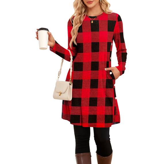 NARRAME Pulloverkleid für Damen, Frühling, Herbst, lange Ärmel, kausale Knöpfe, seitliche Damenkleider mit Taschen, groß, rot, schwarz, kariert